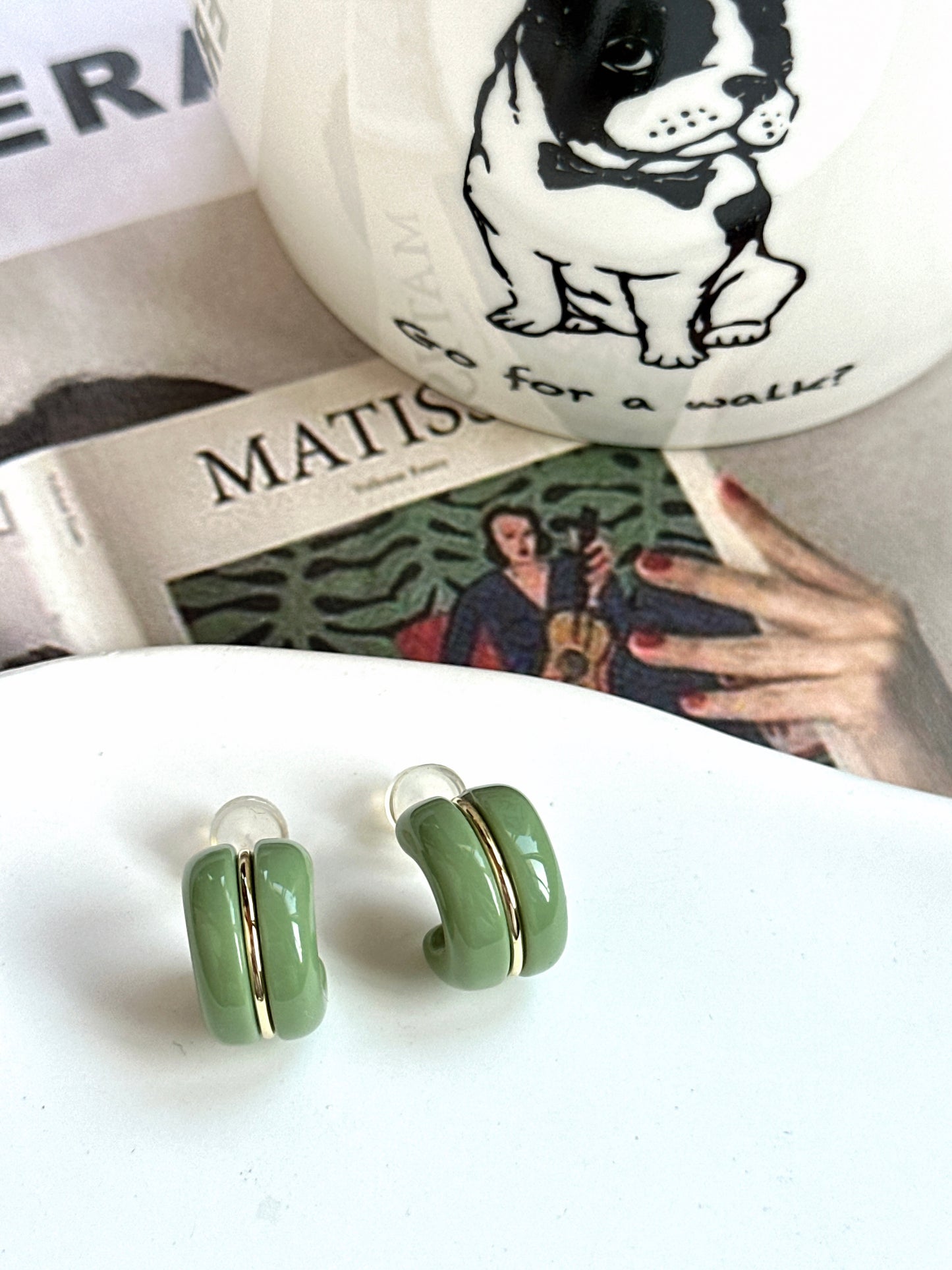 Green Candy Roll Hoop Clip On Earrings. Handmade clip-on earrings for women.