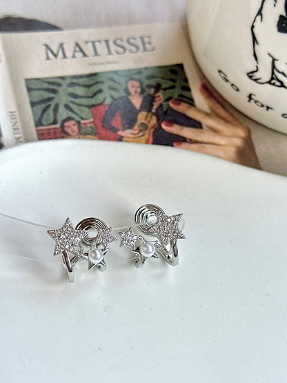 Silver Diamante Star Pearlised Clip On Earrings