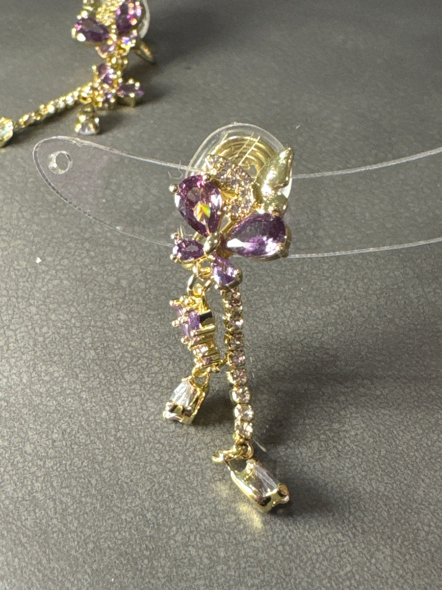 Purple Zircon Butterfly Cup Chain Clip On Earrings