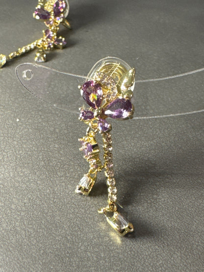 Purple Zircon Butterfly Cup Chain Clip On Earrings