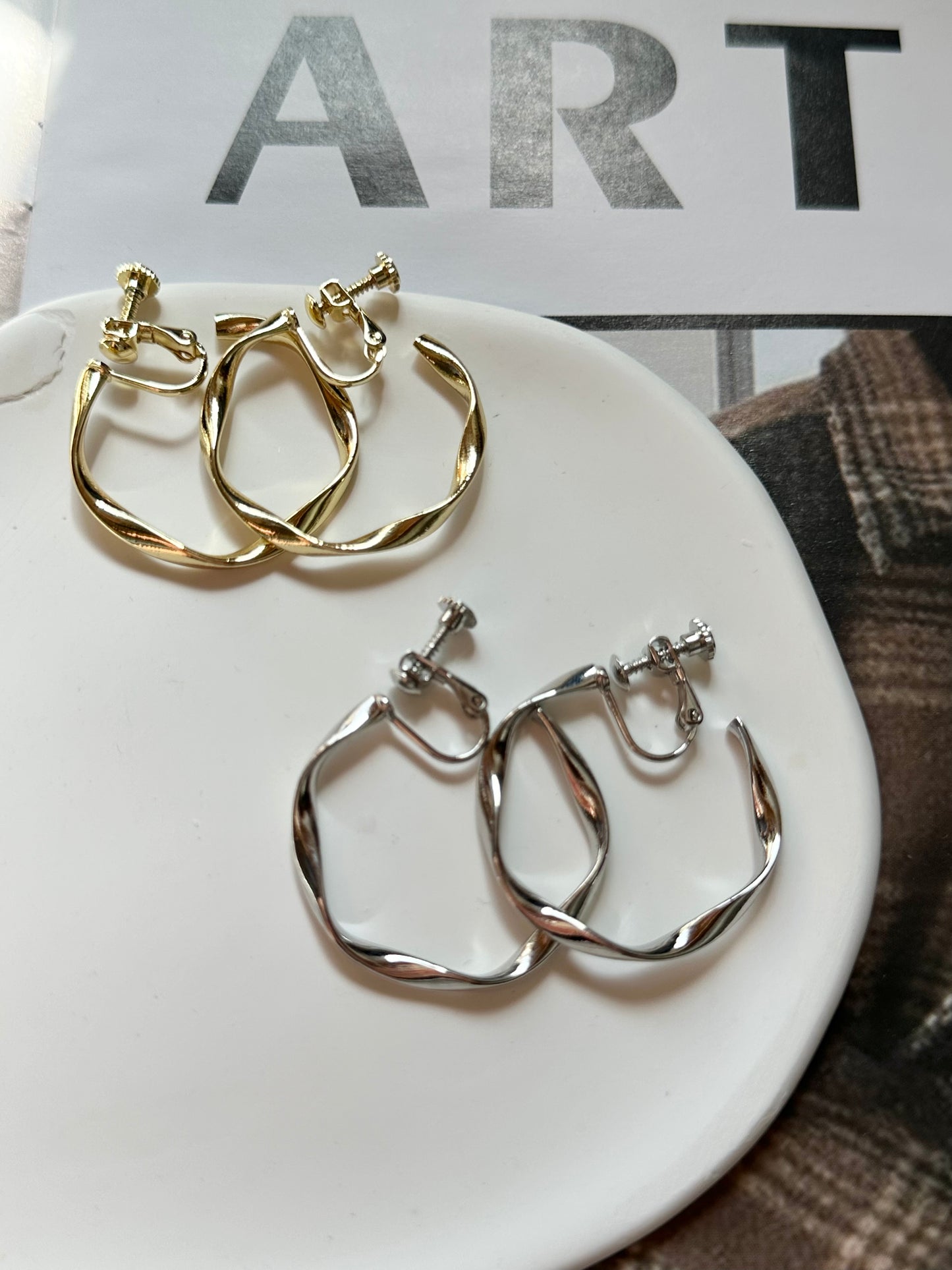 Sliver Twist Medium Hoop Clip On Earrings