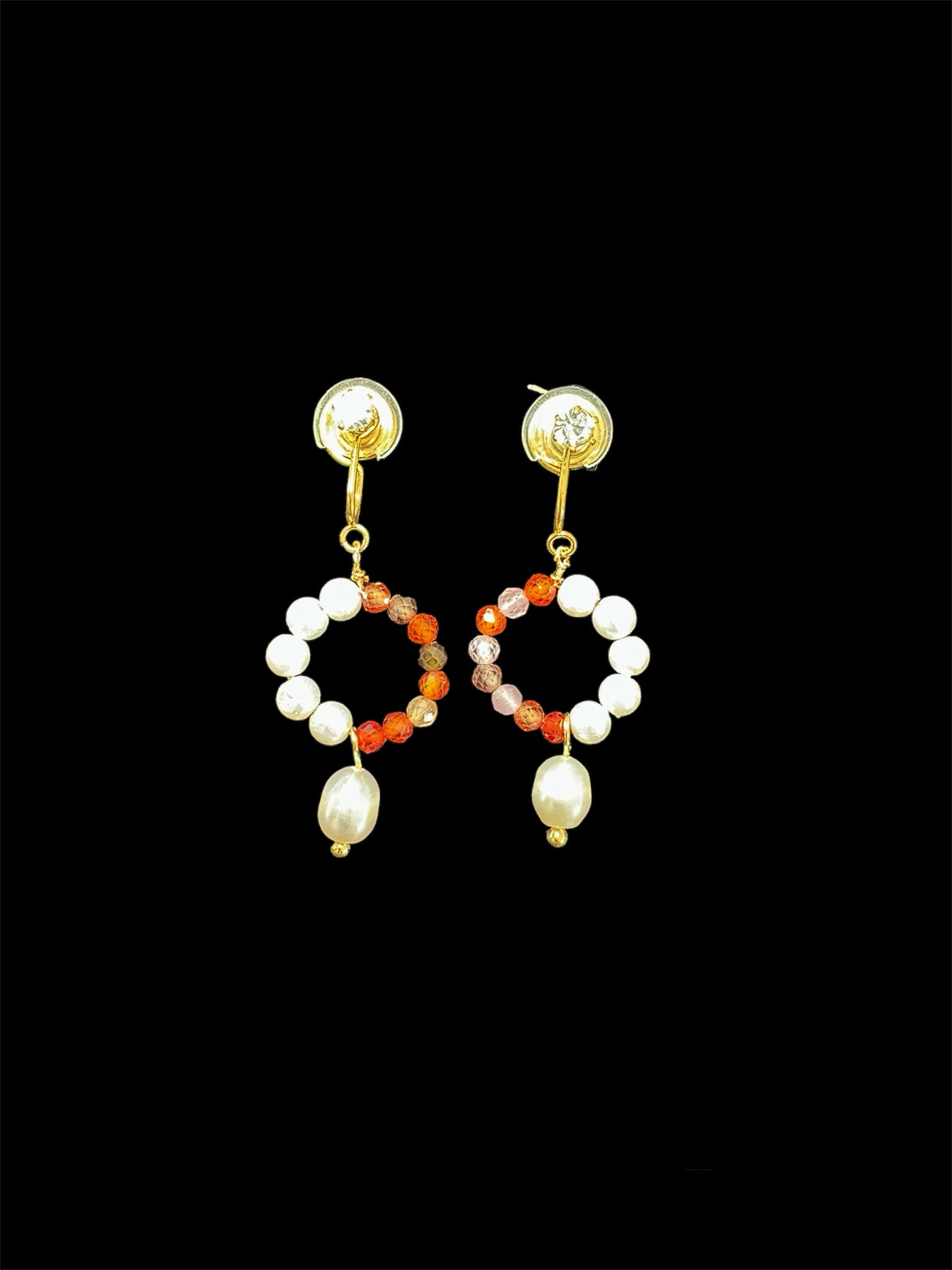 Orange and Pearl Clip-On Earrings – Handmade Beaded Jewelry. pearl clip-on earrings for women.