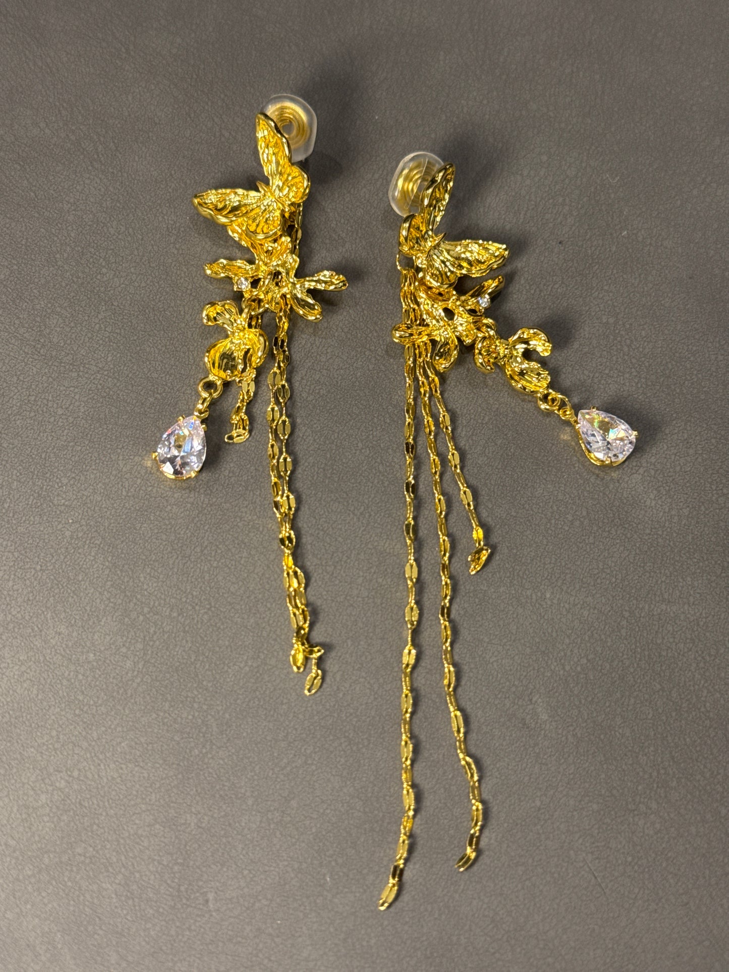 Golden Metal Flower Long Tassel Diamante Clip On Earrings