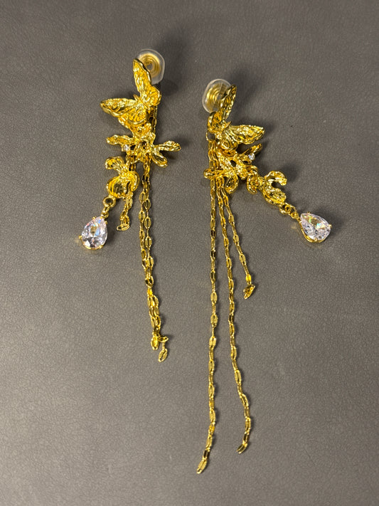 Golden Metal Flower Long Tassel Diamante Clip On Earrings