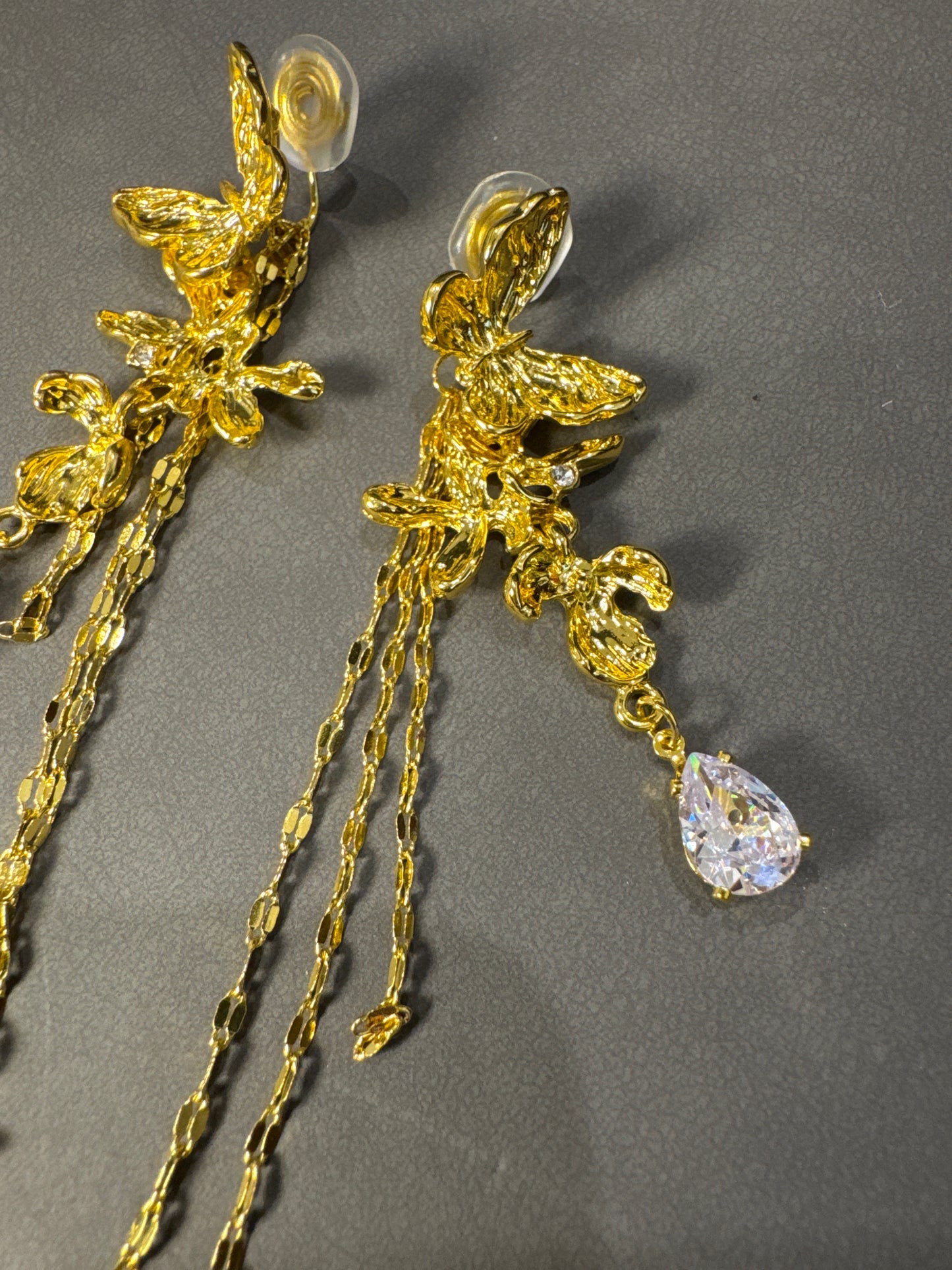 Golden Metal Flower Long Tassel Diamante Clip On Earrings