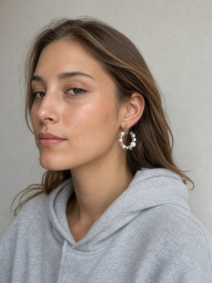 AI-generated try-on image - Silver Cube and Pearl Hoop Clip On Earrings