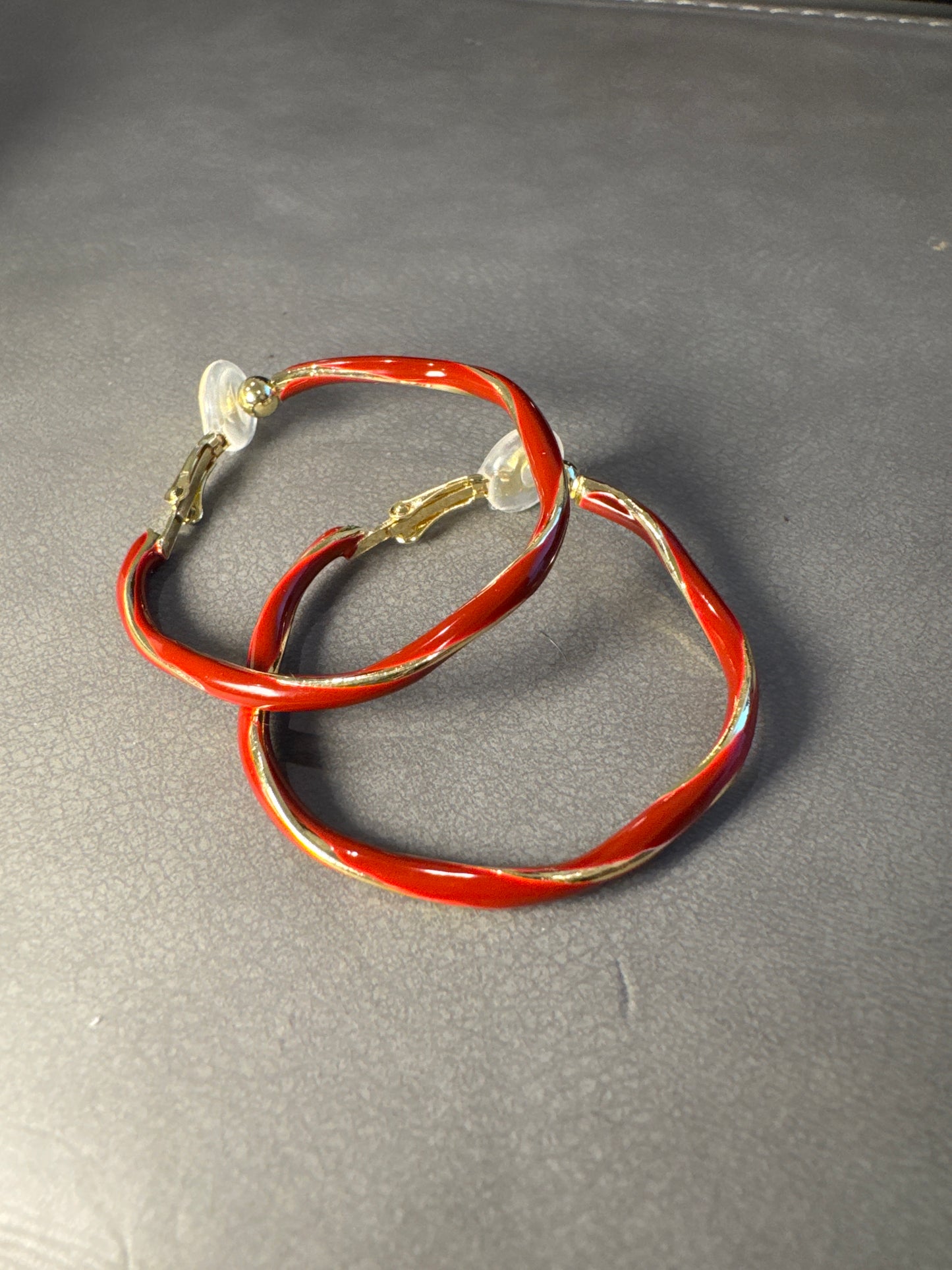 Golden and Red Twist Hoop Clip On Earrings