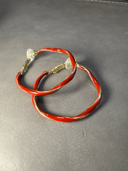 Golden and Red Twist Hoop Clip On Earrings