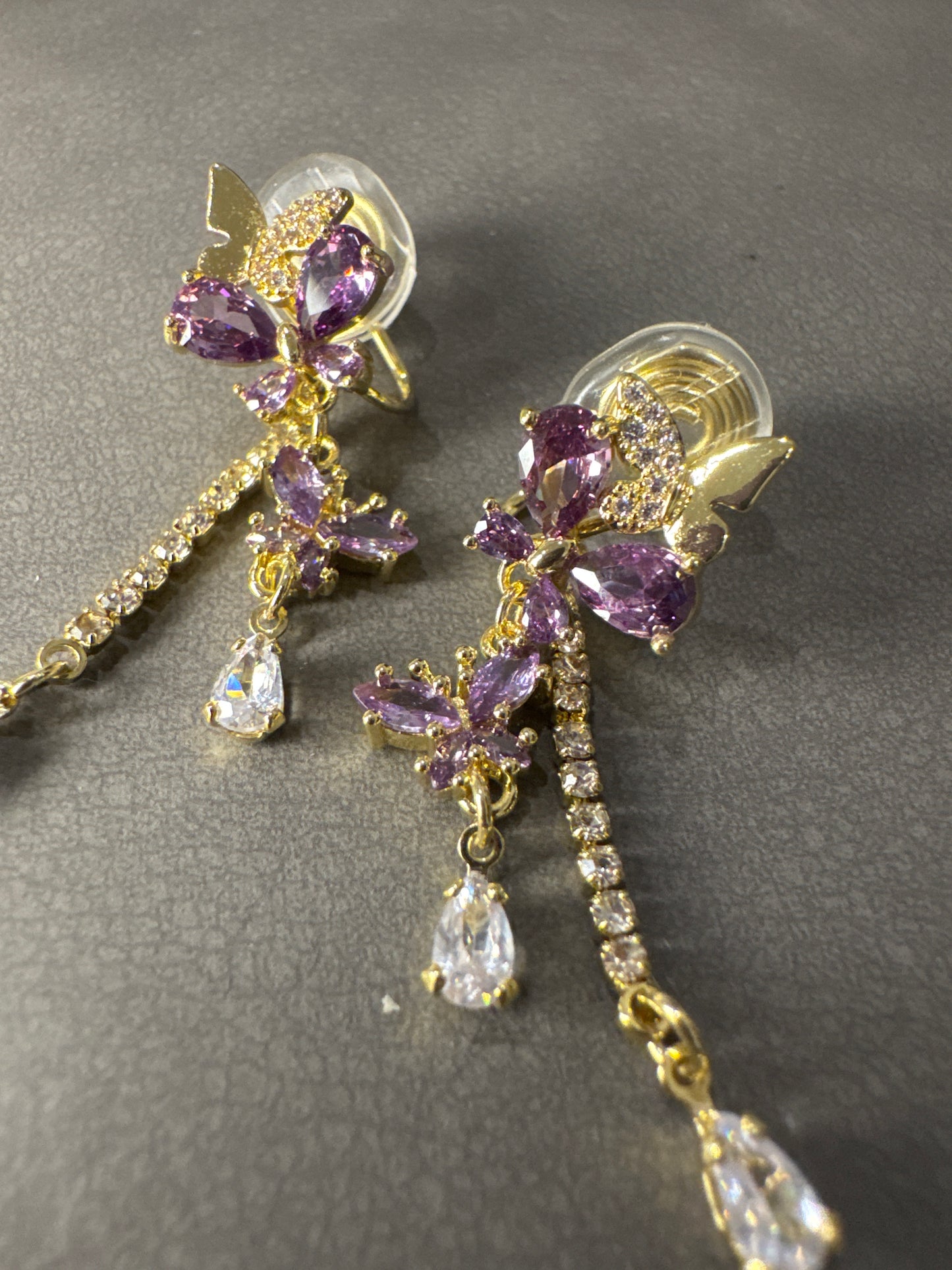 Purple Zircon Butterfly Cup Chain Clip On Earrings