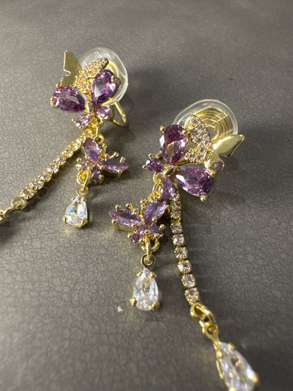 Purple Zircon Butterfly Cup Chain Clip On Earrings