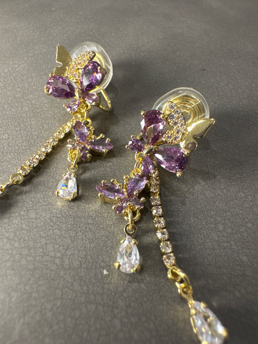 Purple Zircon Butterfly Cup Chain Clip On Earrings