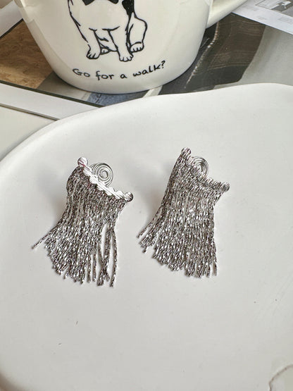 Silver Row Tassel Clip On Earrings