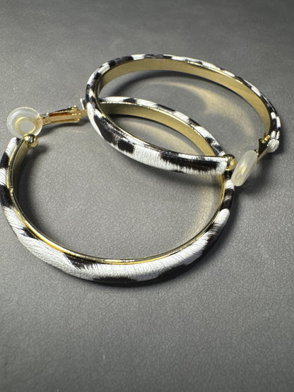 Metal White Leopard Print Hoop Clip On Earrings