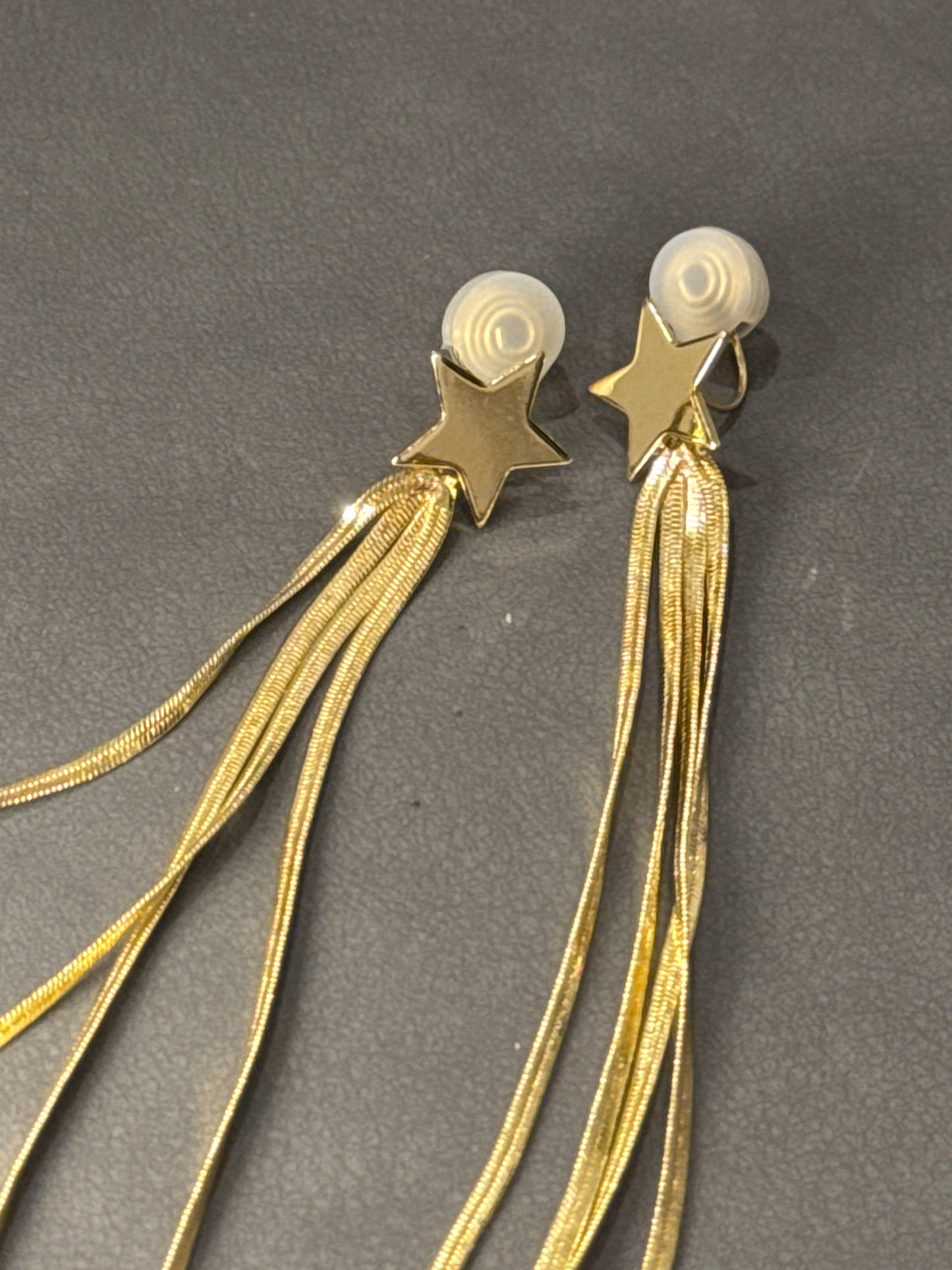 Golden Metal Long Tassel Star Clip On Earrings