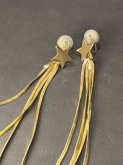 Golden Metal Long Tassel Star Clip On Earrings