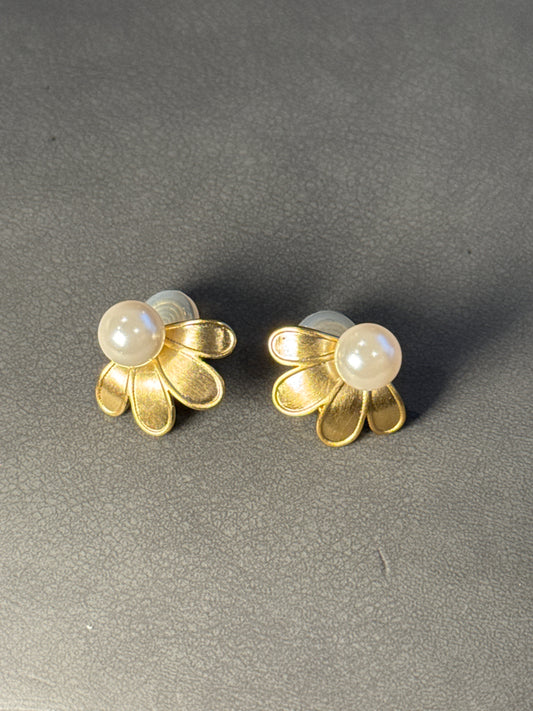 Golden Matte Pearlised Flower Clip On Earrings