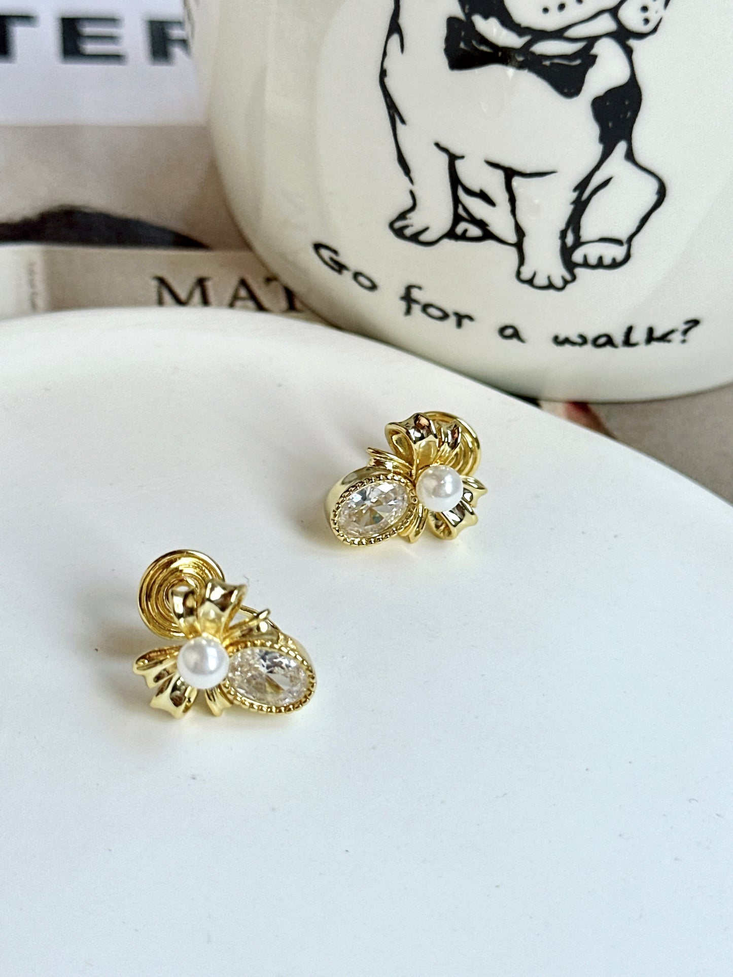 Golden Bow and Zircon Clip On Earrings