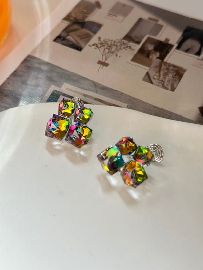 Geometic Metallic Reflective Crystal Clip On Earrings