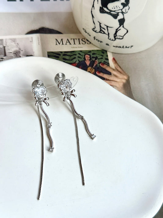 White Heart Zircon Long Tassel Clip On Earrings