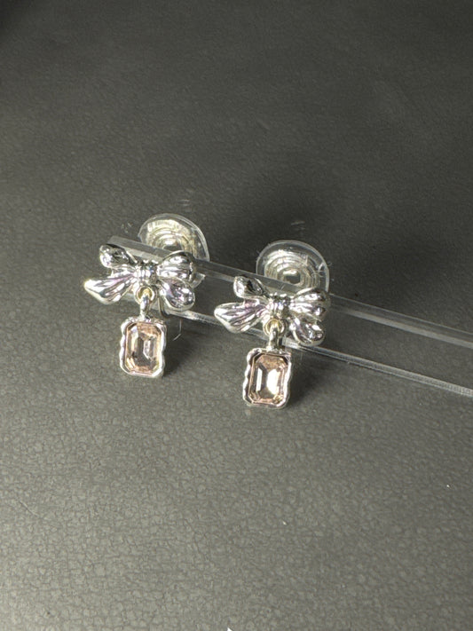 Silver Bow with Pink Zircon Pendant Clip On Earrings