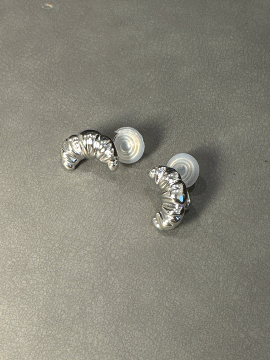 Silver Metal Big Croissant Clip On Earrings