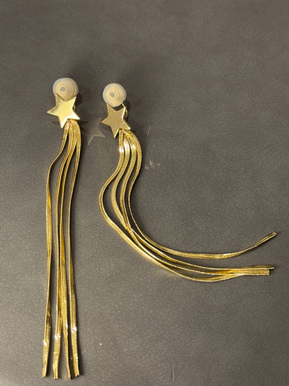 Golden Metal Long Tassel Star Clip On Earrings