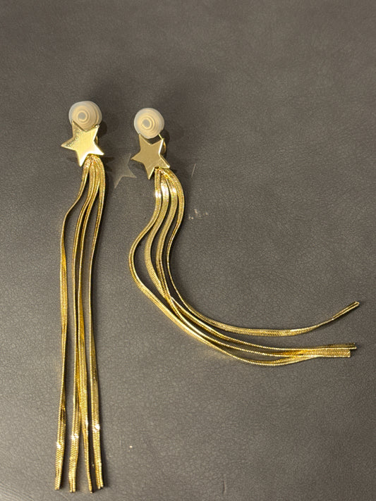 Golden Metal Long Tassel Star Clip On Earrings