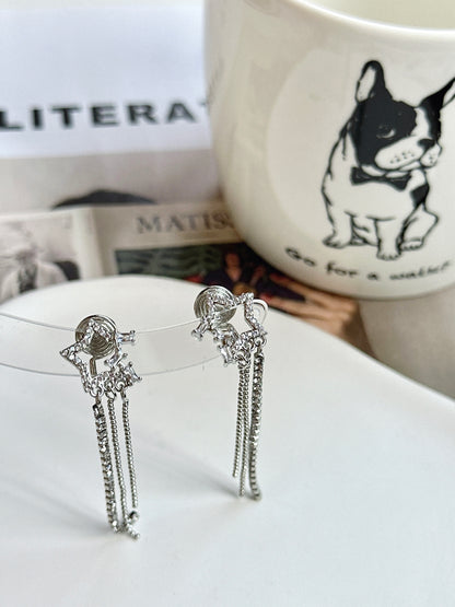 Open Star Zircon Long Tassel Clip On Earrings