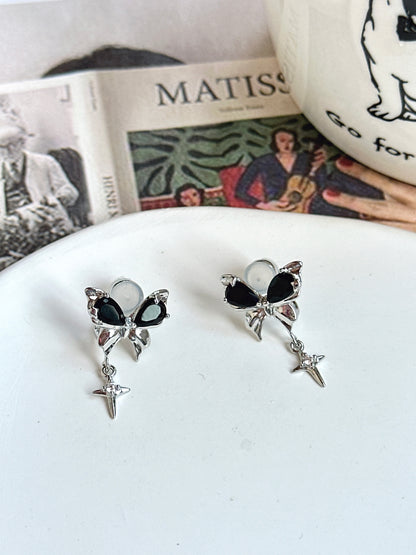 Black Zircon Butterfly with Star Clip On Earrings