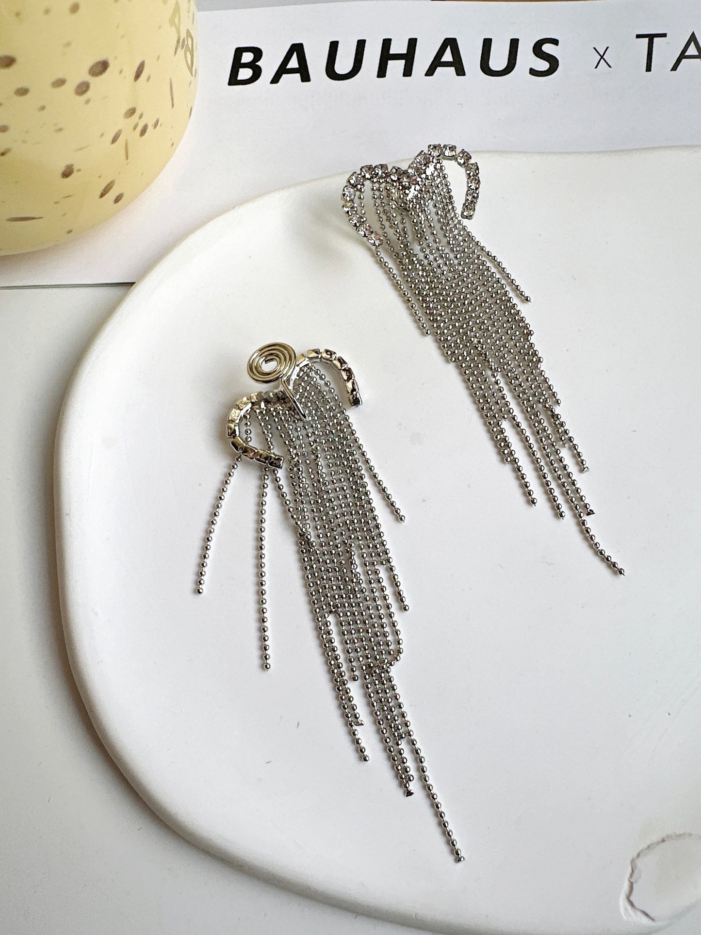 Silver Heart Diamante Tassel Clip On Earrings