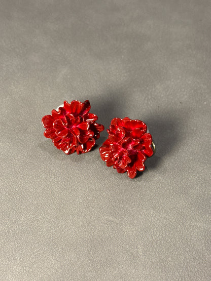 Red Camellia Clip On Earrings