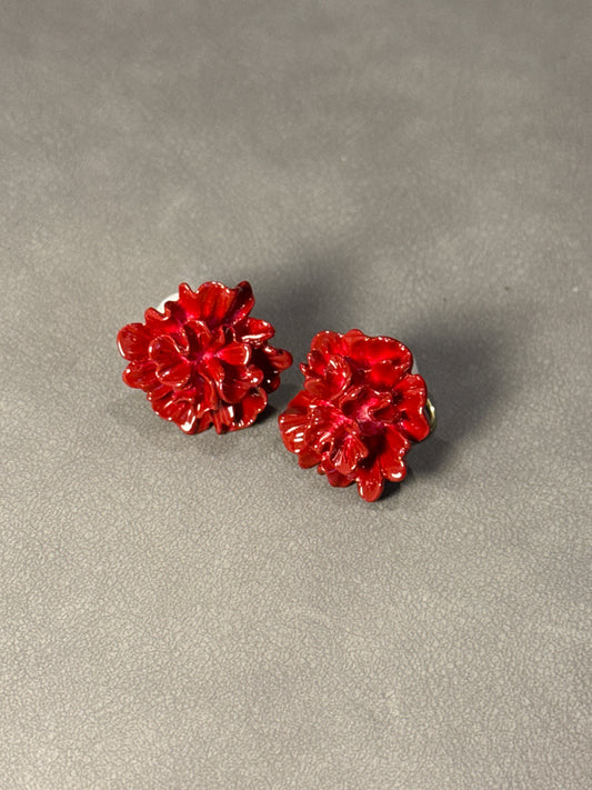 Red Camellia Clip On Earrings