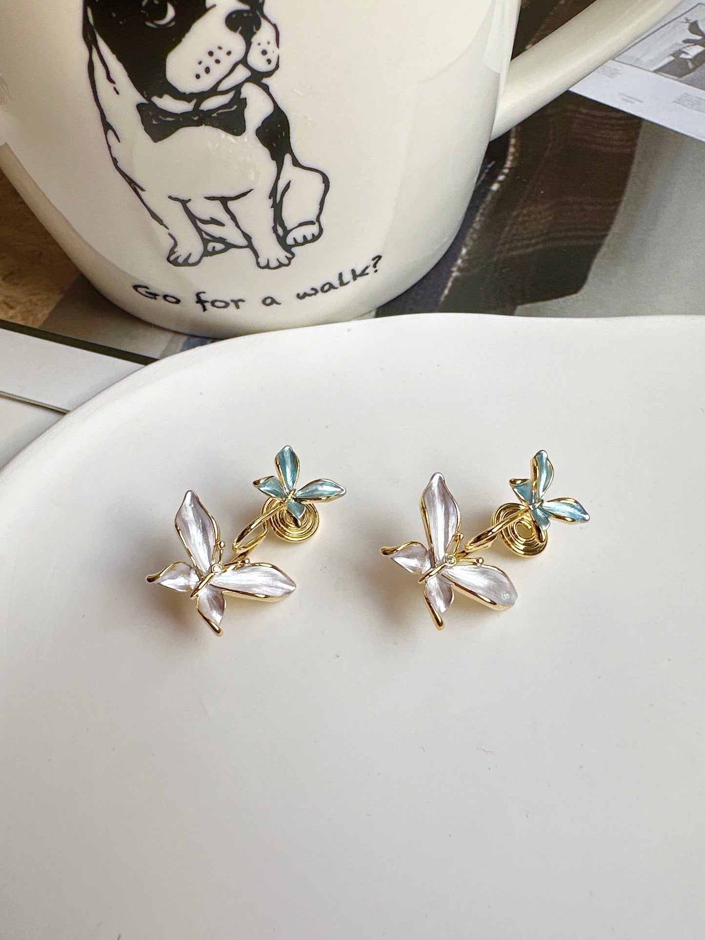 Blue and White Double Butterfly Clip On Earrings