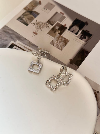 Silver Diamante Double Open Square Clip On Earrings