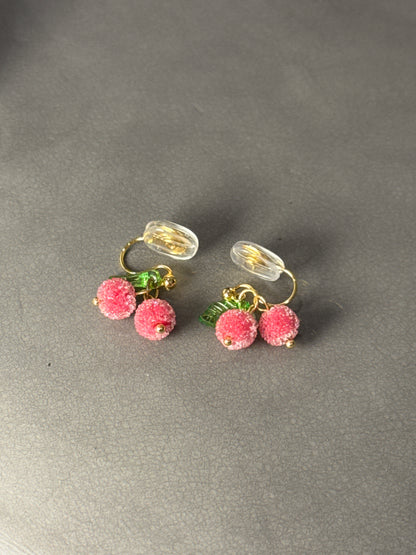 Pink Cherry Clip On Earrings