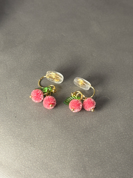 Pink Cherry Clip On Earrings