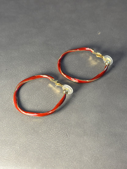 Golden and Red Twist Hoop Clip On Earrings