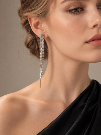 Multi Diamante Long Tassel Clip On Earrings