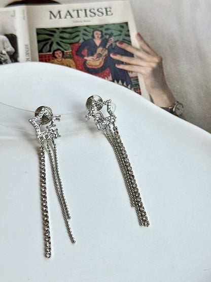 Open Star Zircon Long Tassel Clip On Earrings