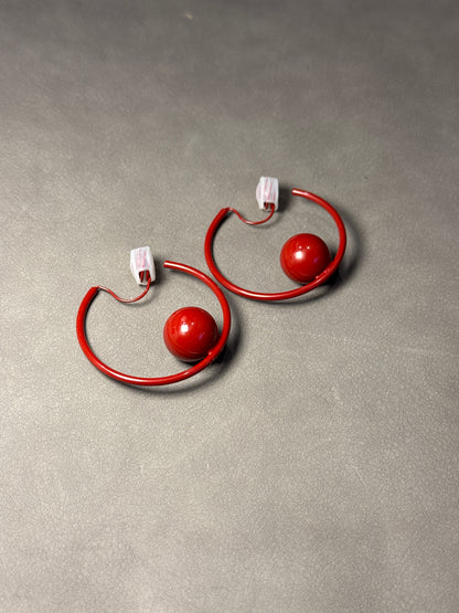 Red Metal Open Hoop with Ball Clip On Earrings