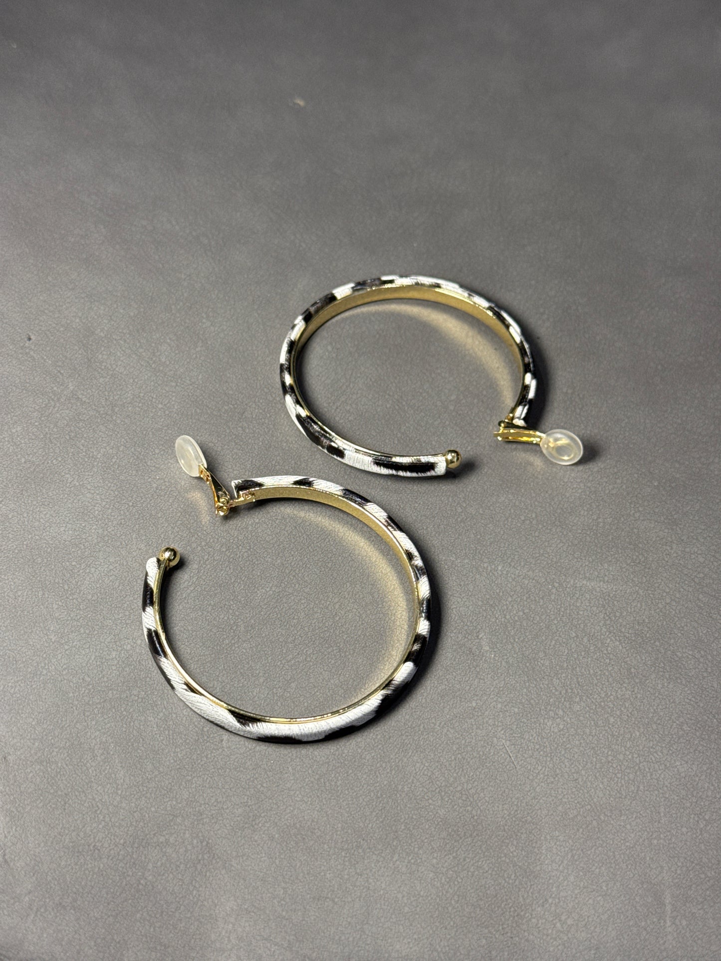 Metal White Leopard Print Hoop Clip On Earrings