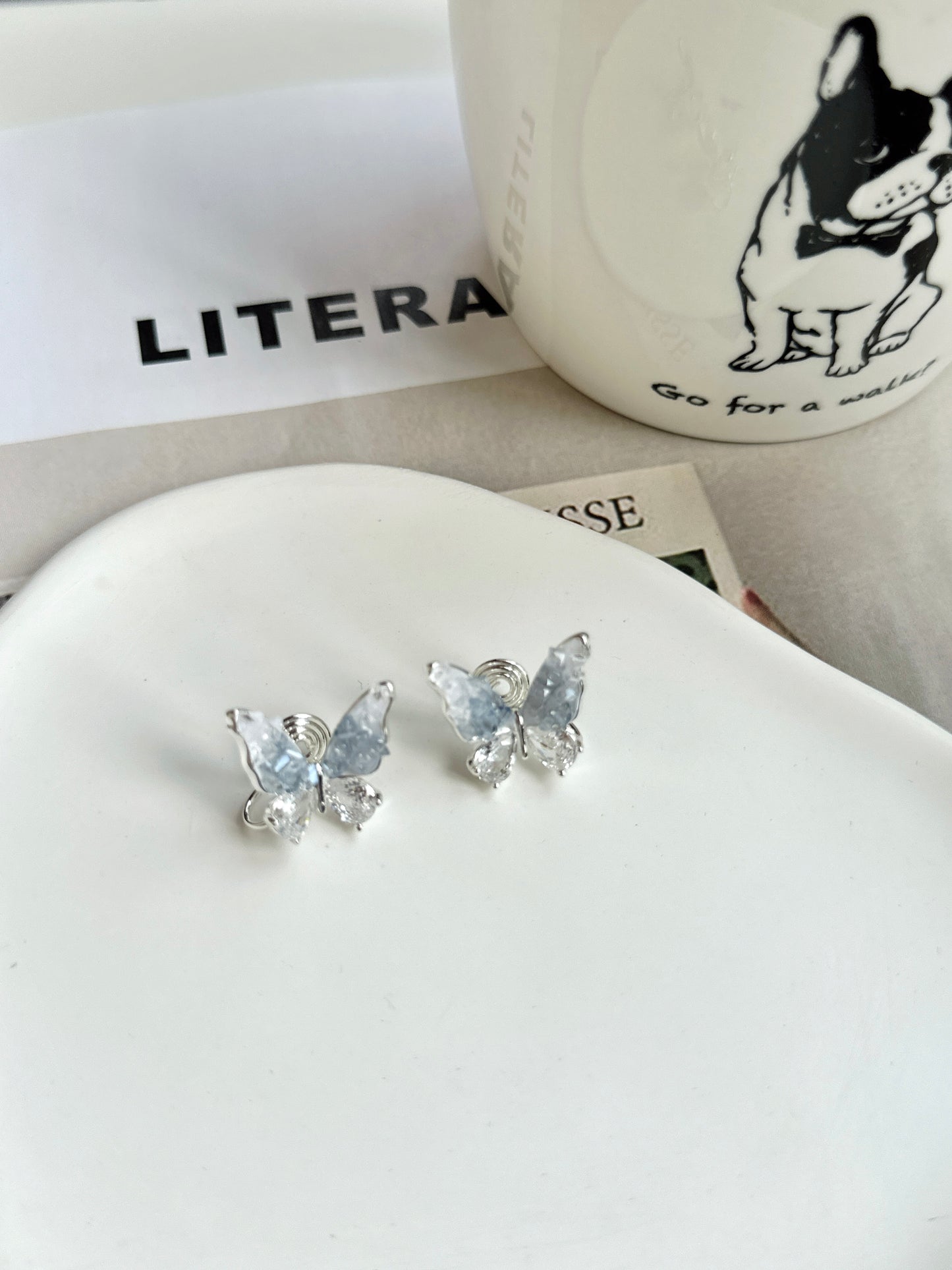 Blue Grandient Crystal Butterfly Clip On Earrings