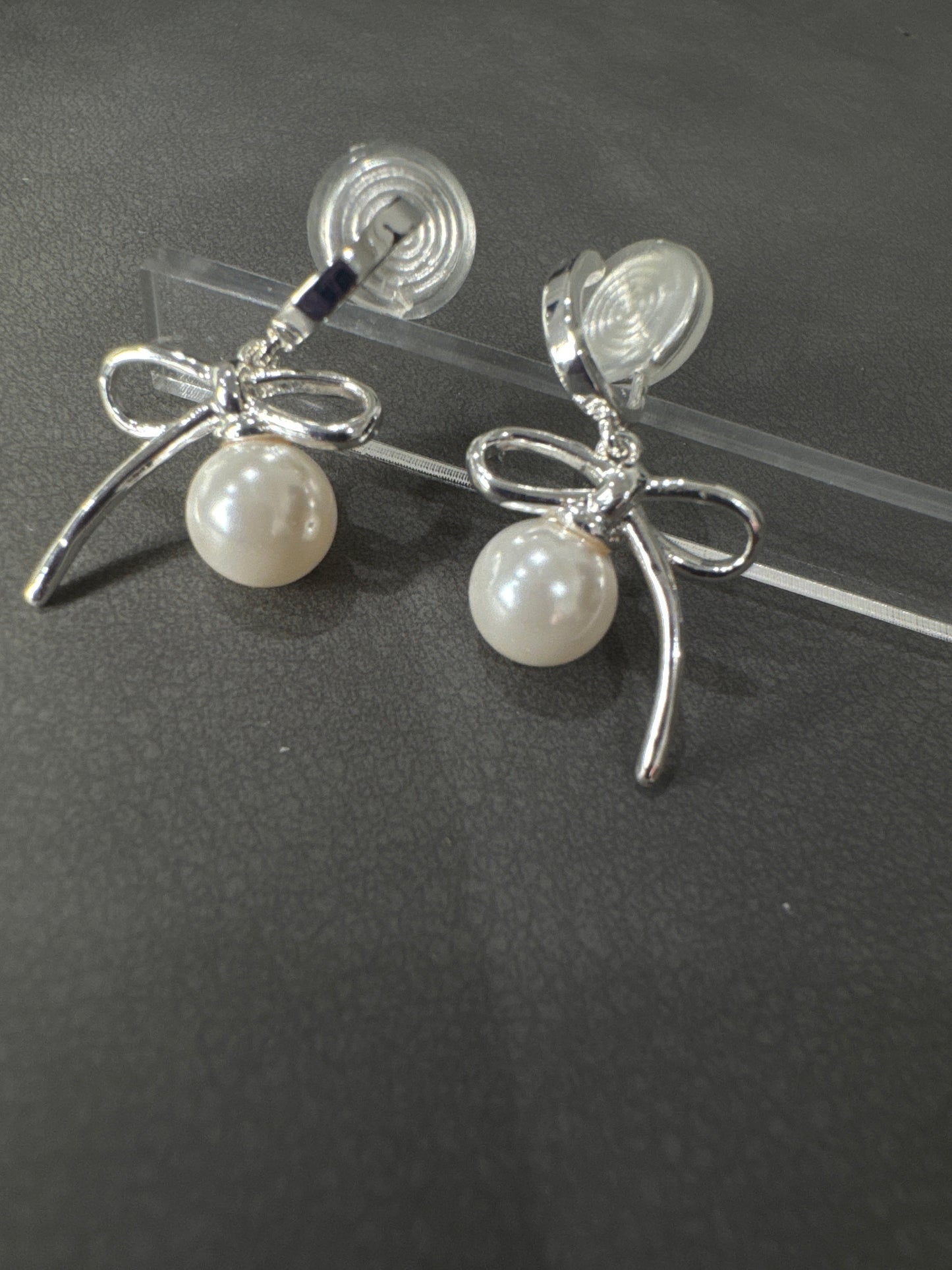 Silver Bow with Pearl Hoop Clip On Earrings