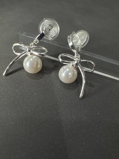 Silver Bow with Pearl Hoop Clip On Earrings