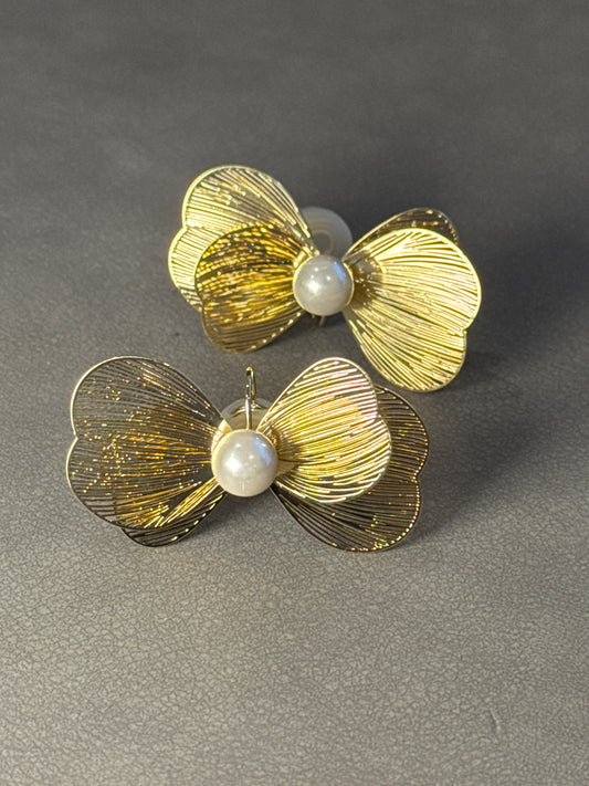 Golden Metal Open Bow Pearlised Clip On Earrings