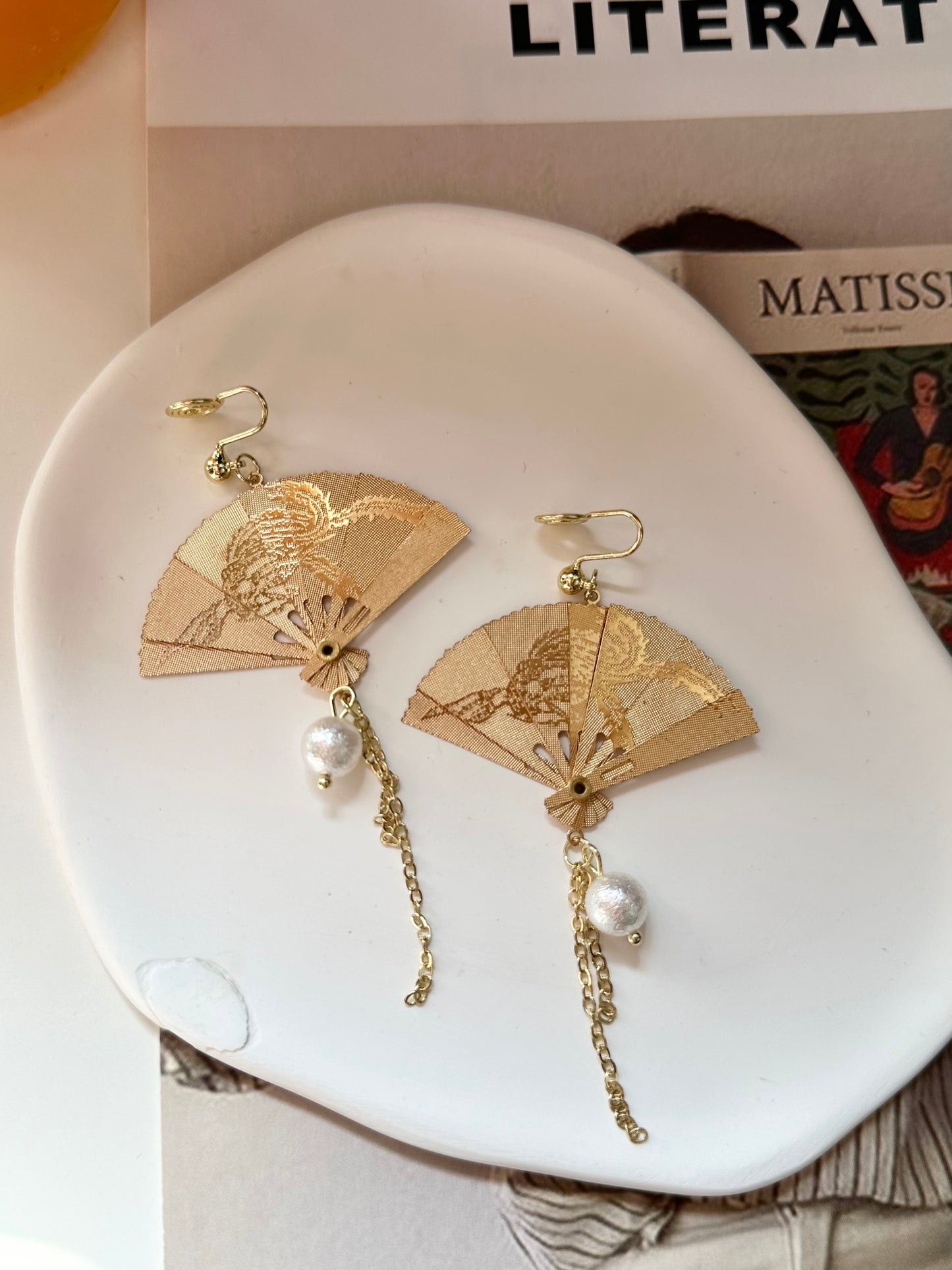 Chinese Style Folding Fan Clip On Earrings. Handmade clip-on earrings for women.