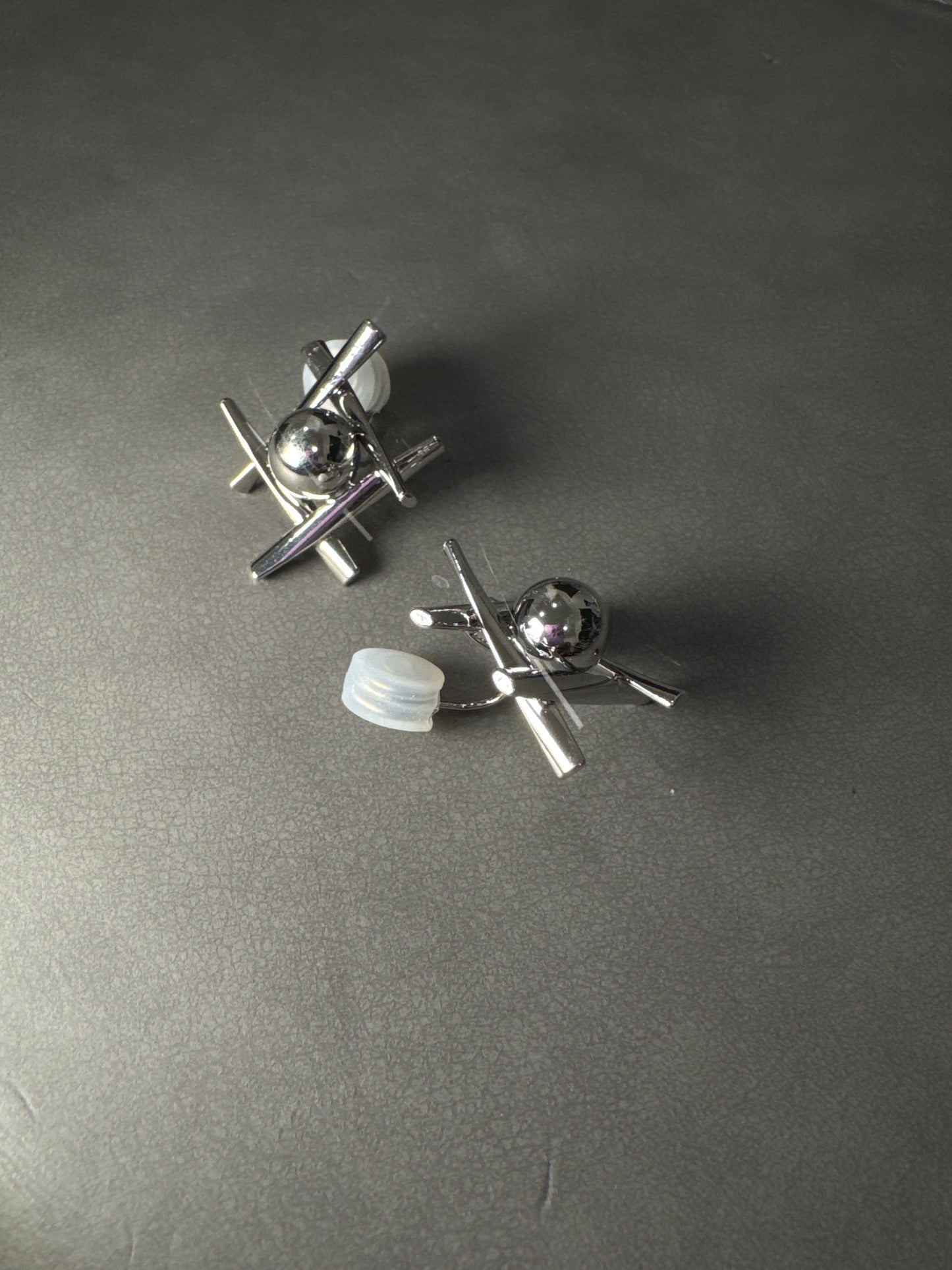 Silver Metal Tic-Tac-Toe with Ball Clip On Earrings