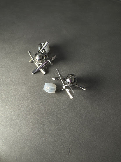 Silver Metal Tic-Tac-Toe with Ball Clip On Earrings