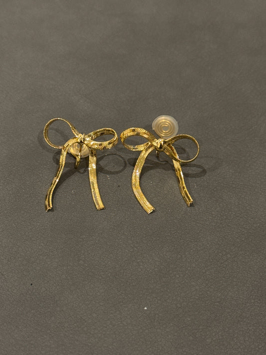 Golden Metal Bow Clip On Earrings