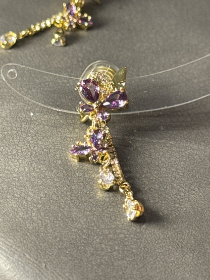 Purple Zircon Butterfly Cup Chain Clip On Earrings